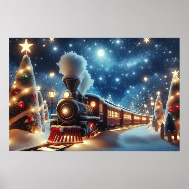 Affiche Train de Noël sous un ciel étoilé au clair de lune (Devant)