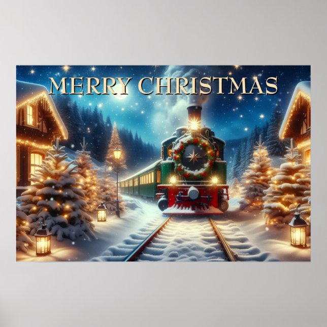 Affiche Train de Noël vert dans un village enneigé (Devant)