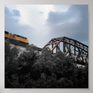 Affiche train locomotive traversant le pont de Thebes