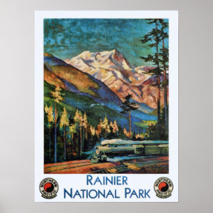 Affiche Train Vintage du parc national du Mont-Rainier