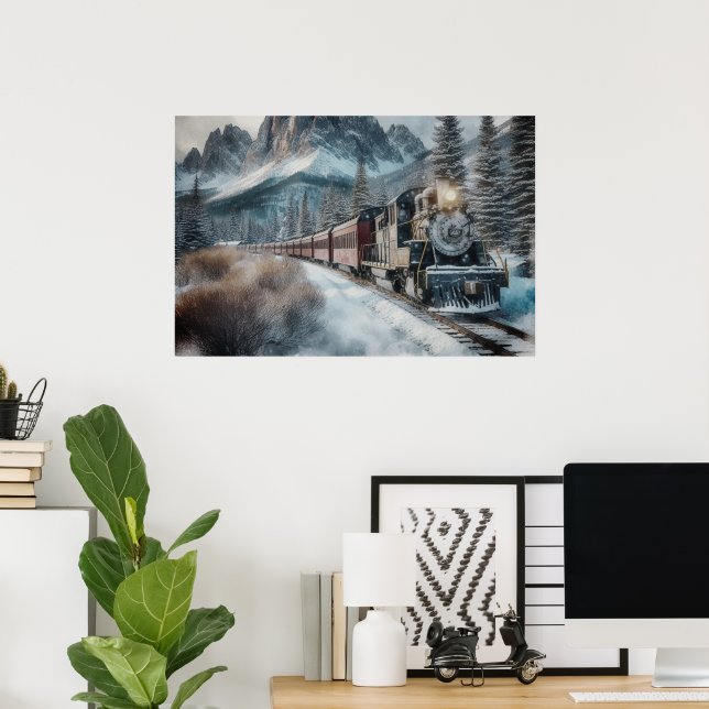 Affiche Train Vintage sur Voies d'Hiver avec Montagnes (Bureau à domicile)