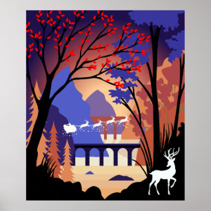 Affiche Traîneau de Noël de Santa de la forêt crépusculair
