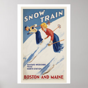 Affiche Trains de neige skiant Boston et Maine Vintage Ski