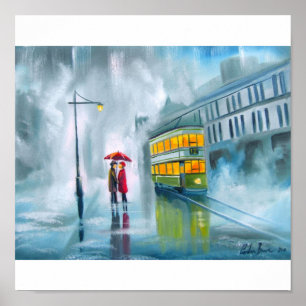 Affiche Tram oil painting rainy day umbrella