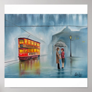 AFFICHE TRAM ROMANTIQUE DE COUPLES DE PARAPLUIE DE JOUR