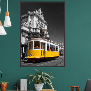 Affiche Tramway jaune de Lisbonne. Photo N/B de l'arche de