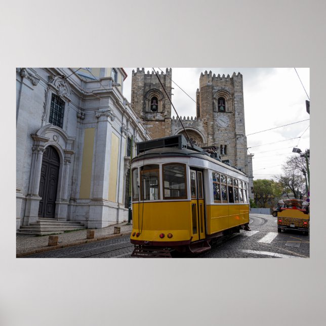 Affiche Tramway jaune sur la cathédrale de Lisbonne au Por (Devant)