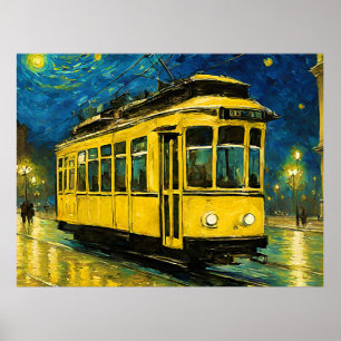 Affiche tramway jaune sur une nuit étoilée -Budapest