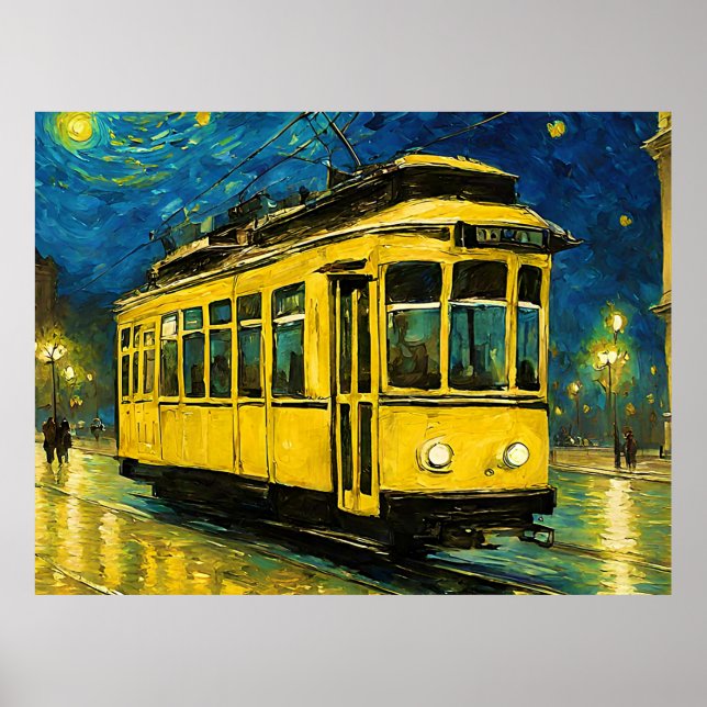 Affiche tramway jaune sur une nuit étoilée -Budapest (Devant)