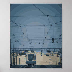 Affiche tramway vintage au coucher du soleil aspect aquare