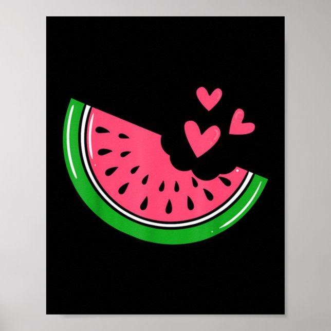 Affiche Tranche de pastèque mignonne mordue avec des coeur (Devant)