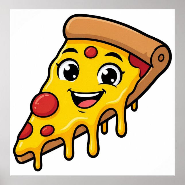 Affiche Tranche de pizza drôle et heureuse avec fromage ex (Devant)