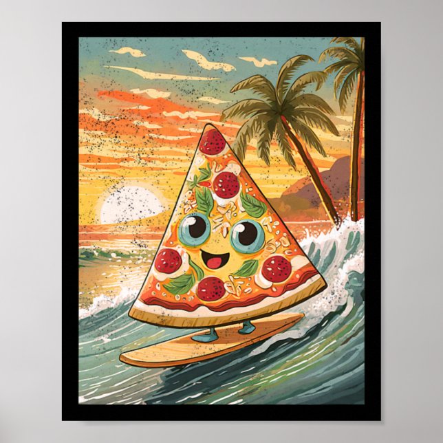 Affiche Trancher une pizza en surfant sur une vague sur un (Devant)