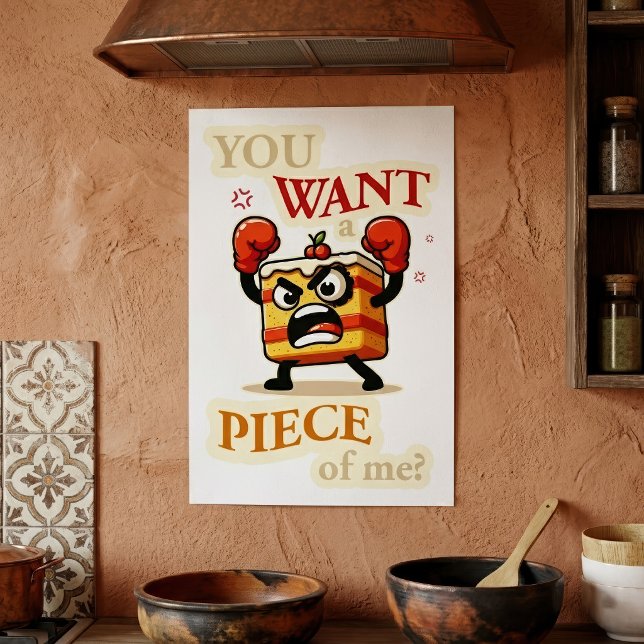 Affiche Tranches de gâteau en colère drôle prêtes à se bat (Funny Angry Cake Slice Ready to Fight Cartoon. Poster)