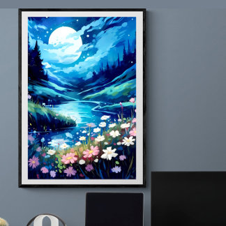 Affiche Tranquille lune nuit fleurie paysage | Ai