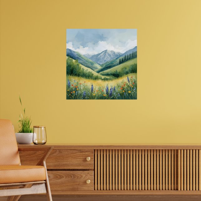 Affiche Tranquille Mountain Meadow - Aquarelle Nature Wall (Salon 2)