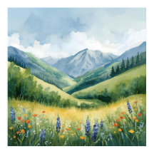 Tranquille Mountain Meadow - Aquarelle Nature Wall