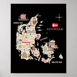 Affiche Travel Europe Danemark Carte Copenhagen Danish Fam