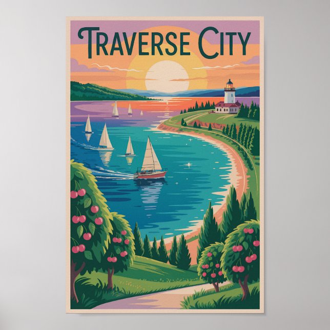 Affiche Traverse City Lake Michigan Illustration Voyage (Devant)