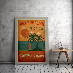 Affiche Treasure Beach Surf Co. - côte des Caraïbes Vintag