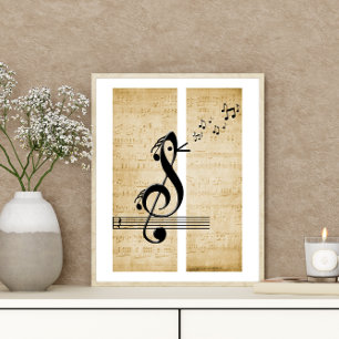 Affiche Treble Clef Bird Notes musicales Partition Vintage