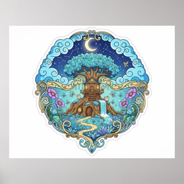 Affiche Tree House Under Moon Fantasy magical illustration (Devant)