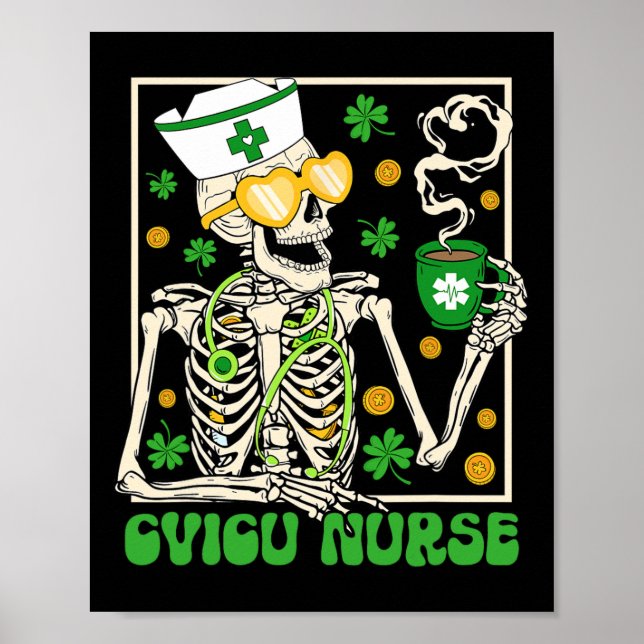 Affiche Trèfle à café infirmière squelette St Patrick Cvic (Devant)