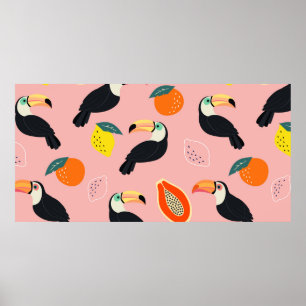 Affiche Trendy pattern with toucan and abstract tropical f