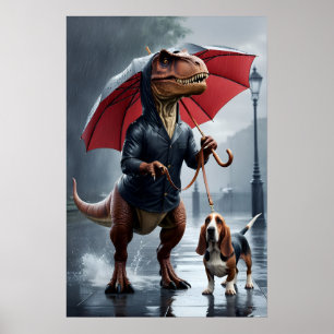 Affiche Trex tenant parapluie marche basset hound