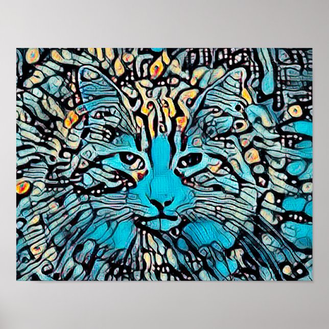 Affiche Tribal Chat Bleu Mosaïque Jaune Design d'art Abstr (Devant)