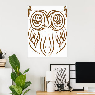 Affiche Tribal Owl Line Art moderne Brown Abstrait