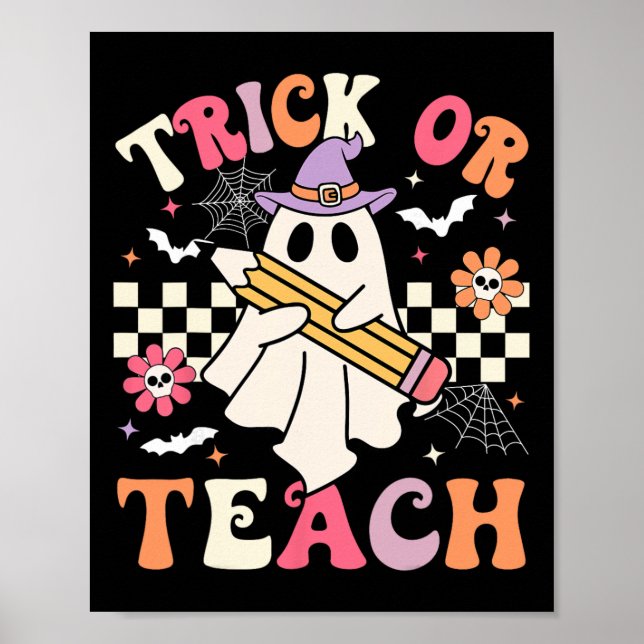 Affiche Trick Or Teach Prof Groovy Halloween Rétro Floral (Devant)