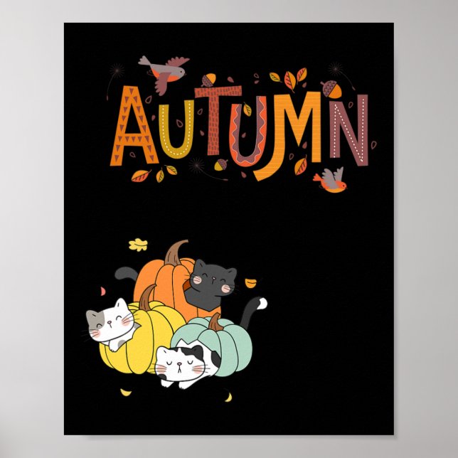Affiche Trio Cute Citrouille Chats Bonjour Automne Automne (Devant)
