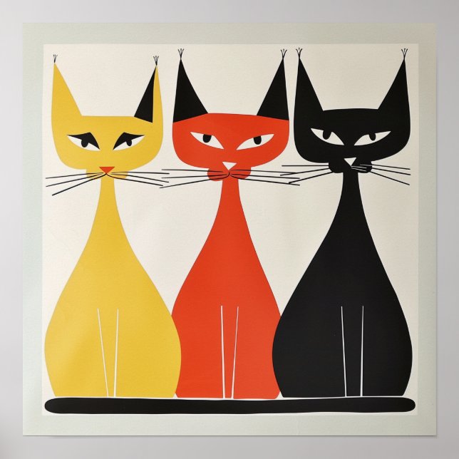 Affiche Trio de chats Art moderne du milieu du siècle (Devant)