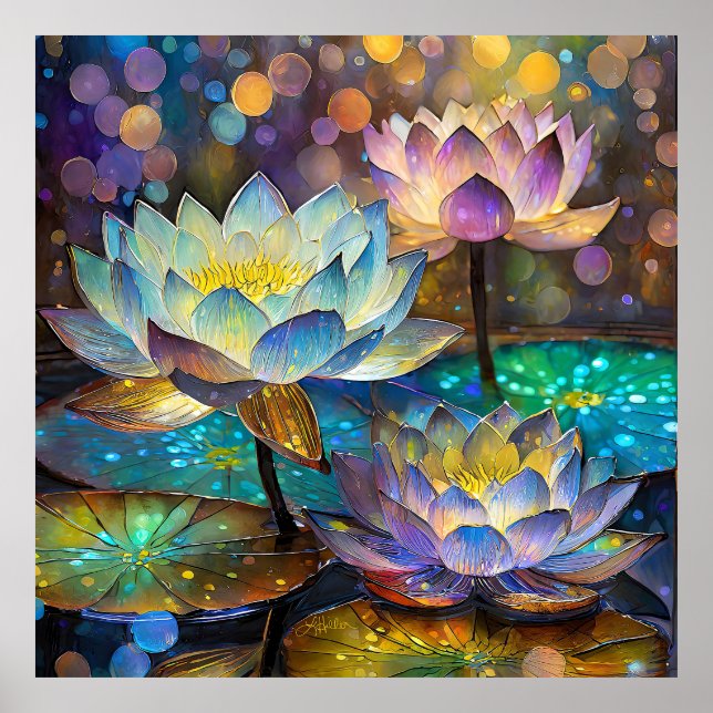 Affiche Trio de fleurs de lotus lumineuses (Devant)