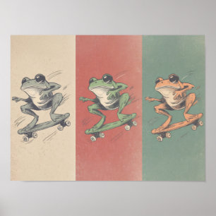 Affiche Trio de grenouilles en skate rétro – Art animal vi