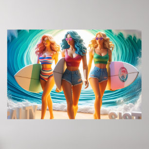 Affiche Trio de Sœurs Salées Filles Marche sur la Plage Su