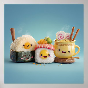 Affiche Trio de Sushi Bleu Kawaii