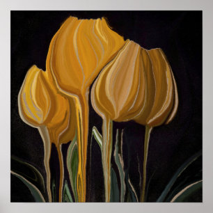 Affiche Trio de Tulipes Dorées sur Fond Noir