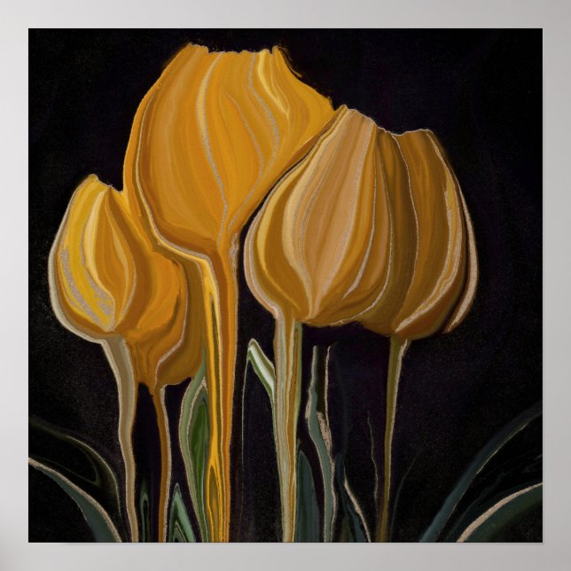 Affiche Trio de Tulipes Dorées sur Fond Noir (Devant)