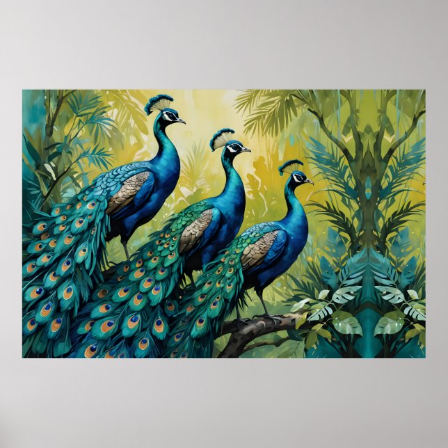 Affiche Trio des paons dans la forêt de la jungle (Devant)