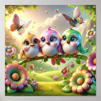 Affiche Trio Fantaisiste de Mélodieux Oiseaux Printaniers