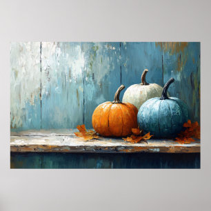 Affiche Trio impressionniste de citrouilles sur bois rusti