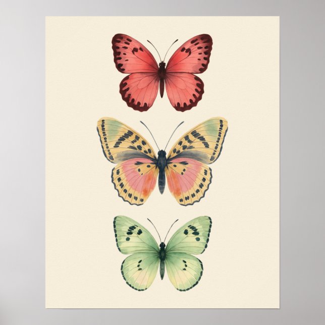 Affiche Trio Papillon Pastel Vintage – Aquarelle  (Devant)