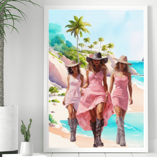 Affiche Trio rose cowgirl côtière sur l'île tropicale