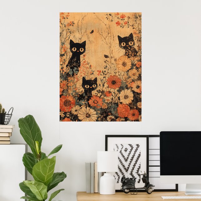 Affiche Trio vintage de chat noir (Bureau à domicile)