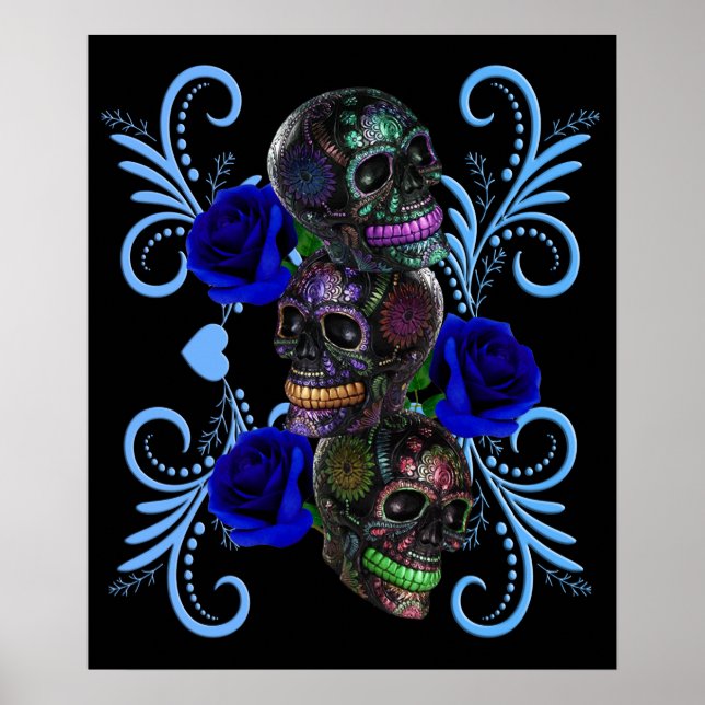 Affiche Triple Black Day Of The Dead Skulls Blue Roses (Devant)