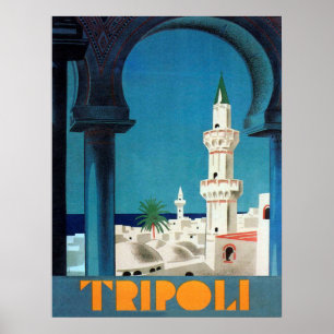 Affiche Tripoli, Libye, vue sur la mosquée, voyage vintage