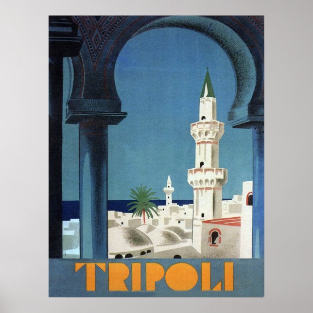 Affiche Tripoli, Libye, vue sur mosquée, voyage vintage (Devant)