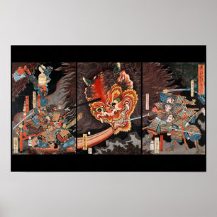 Affiche Triptyque japonais vintage : Samouraï vs Roi Oni